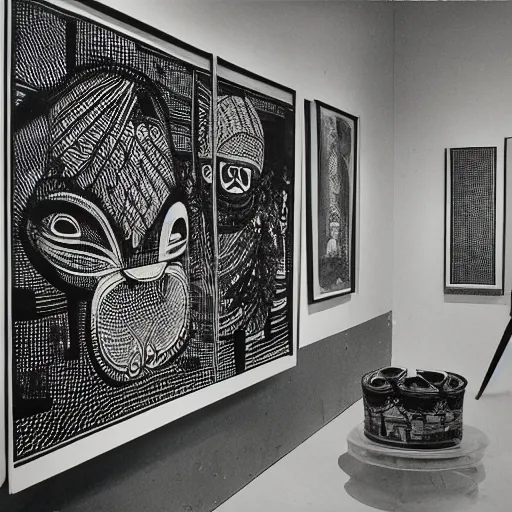 Image similar to A black and white screen print of gallery exhibition view from the 60s, anthropology, colonial, wild, exotic, masks, ethnography, screen printing