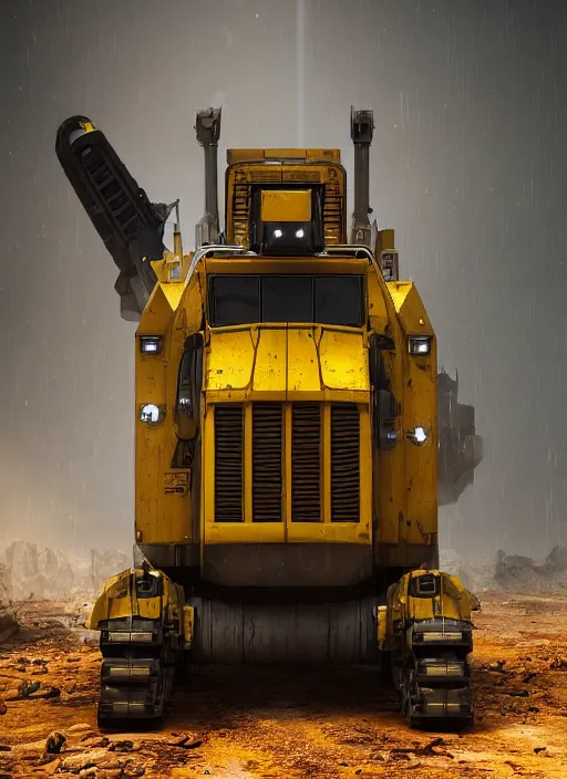 Image similar to a photorealistic dramatic hyperrealistic render of a futuristic caterpillar exosuit power dozer heavy machinery, ultra realistic details, glossy yellow, well worn, rust, oil stains by vitaly bulgarov and mike nash, beautiful dramatic dark moody tones and lighting, cinematic atmosphere, studio lighting, global illumination, shadows, dark background, octane render, 8 k