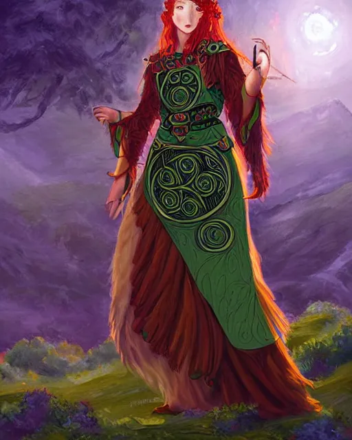 Prompt: celtic scifi druid of the highlands, wearing a lovely dress. this oil painting by the award - winning mangaka has an interesting color scheme and impeccable lighting.