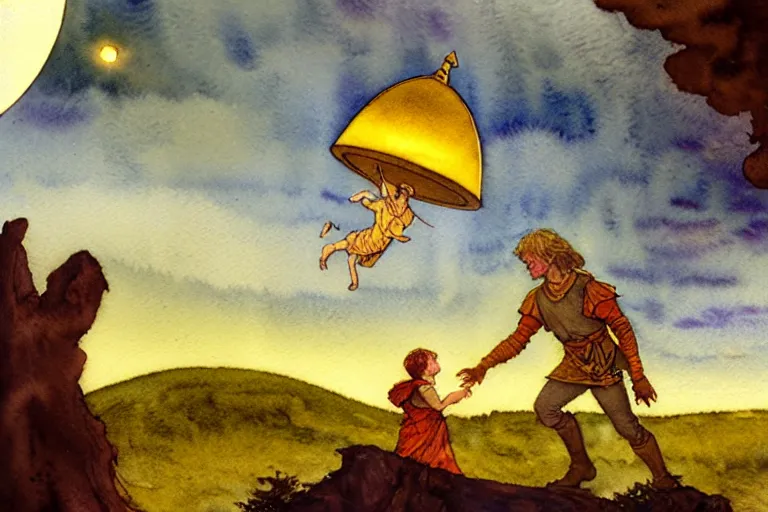 Image similar to a hyperrealist watercolor concept art of an elegant golden ufo in the sky abducting a medieval peasant child. very muted colors, by rebecca guay, michael kaluta, charles vess. high detail, hq, wide shot, 4 k