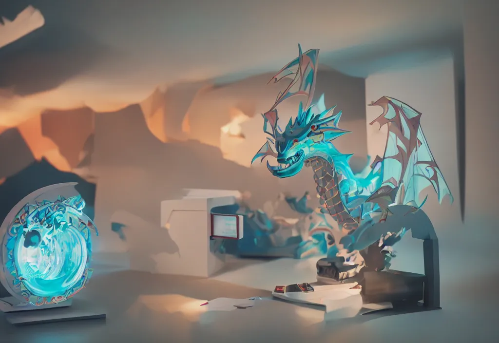 Image similar to 3 d dragon popping out of curved movie, volumetric lighting, bedroom, visor, users, pair of keycards on table, bokeh, creterion collection, shot on 7 0 mm, instax