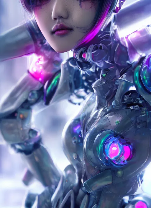 Prompt: a highly detailed portrait of a kpop idol mecha girls in spiked cyberpunk bioarmor trending on artstation by yoshitake amano, cyberpunk light, holographic undertones, 3 d cg, octane rendered, futuristic, 2 k aesthetic, dramatic lighting, 4 k, highly saturated colors