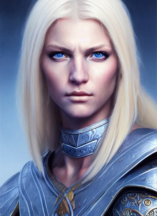 Prompt: a _ fantasy _ style _ portrait _ painting _ of timid white female paladin with blonde hair and blue eyes,, scar under left eye, holy oil _ painting _ unreal _ 5 _ daz. _ rpg _ portrait _ extremely _ detailed _ artgerm _ greg _ rutkowski _ greg