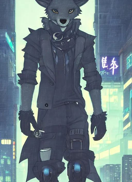 Image similar to character portrait of a male anthro wolf fursona with a tail and a cute beautiful attractive detailed furry face wearing stylish cyberpunk clothes in a cyberpunk city at night while it rains. hidari, color page, tankoban, 4K, tone mapping, Akihiko Yoshida.