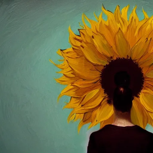 Image similar to closeup, giant sunflower head, woman standing in a room, surreal, dramatic light, impressionist painting, digital painting, artstation, van gogh