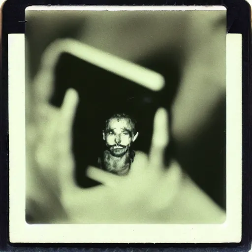 Image similar to last selfie on earth, polaroid, scratch and dust