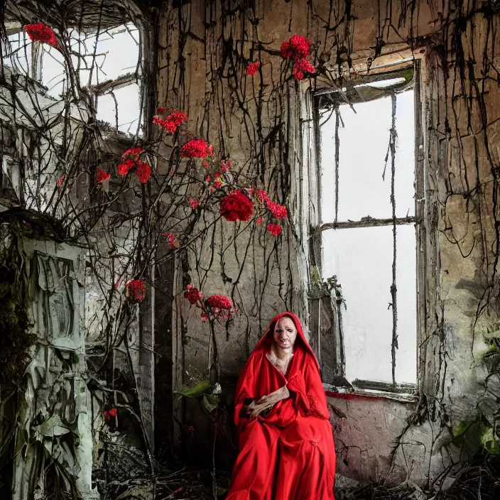 Image similar to a woman wearing a hooded cloak made of zinnias and barbed wire, in a derelict house, by Mario Testino, natural light, detailed face, CANON Eos C300, ƒ1.8, 35mm, 8K, medium-format print