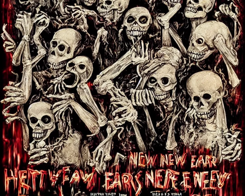 Image similar to a horror movie poster featuring new years eve skeletons