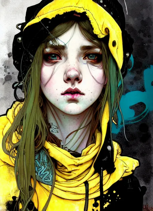 Image similar to highly detailed portrait of a moody sewerpunk young adult lady with a tartan hoody by krenz cushart, by artem demura, by alphonse mucha, by kaethe butcher, gradient yellow, black, brown and cyan color scheme, grunge aesthetic!!! ( ( graffiti tag city background ) )