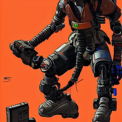 Image similar to cyberpunk mechanic dude with robotic legs. orange and black color scheme. concept art by james gurney and mœbius. apex legends character art