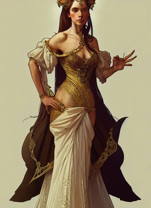 Image similar to portrait of a full body of beautiful female princess, d & d, baroque dress, flat lighting, intricate, highly detailed, digital painting, artstation, concept art, smooth, sharp focus, illustration, art by simon bisley and greg rutkowski and alphonse mucha, natural tpose