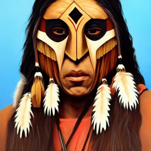 Image similar to painting portrait of a native american wearing a wooden mask, artstation, ultra detailed