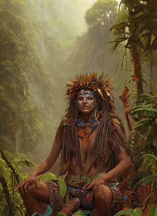 Prompt: a shaman sitting in the jungle, with faces of ancestors in the sky wearing tribal masks looking at him, hyper detailed, art by christophe vacher