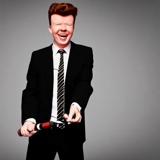 Image similar to young Rick Astley singing into a microphone, dancing, black suit, striped shirt, white background, colored photograph, 4k