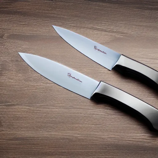 Prompt: three knives reflective blade with polished wooden handles, on a black table with diamond legs 2 2 mm 4 k clock on wall