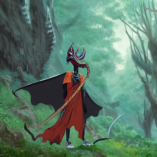 Prompt: concept art painting of an anthropomorphic dragon king with black robes, a long neck, and skull mask, in a deep forest, cel shaded, in the style of makoto shinkai and james gurney and studio ghibli and moebius