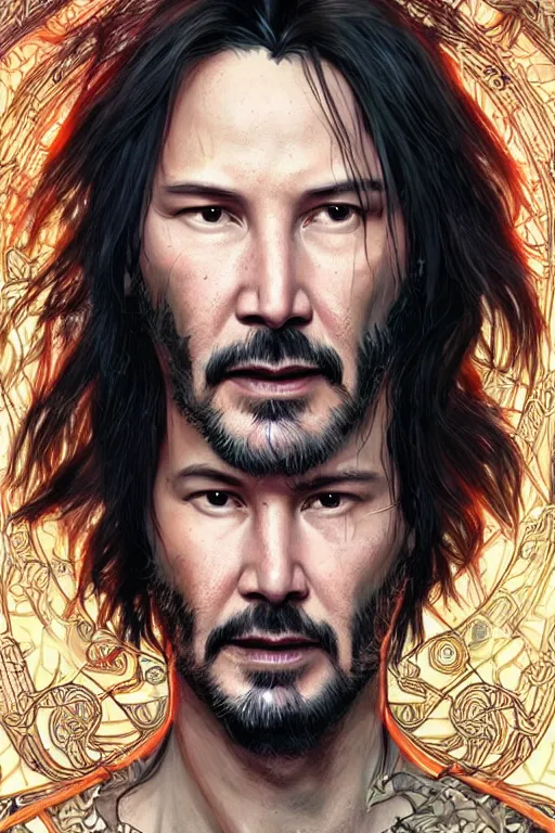 Image similar to Keanu Reeves in Cyberpunk setting, cute, fantasy, intricate, elegant, highly detailed, digital painting, 4k, HDR, concept art, smooth, sharp focus, illustration, art by artgerm and H R Giger and alphonse mucha