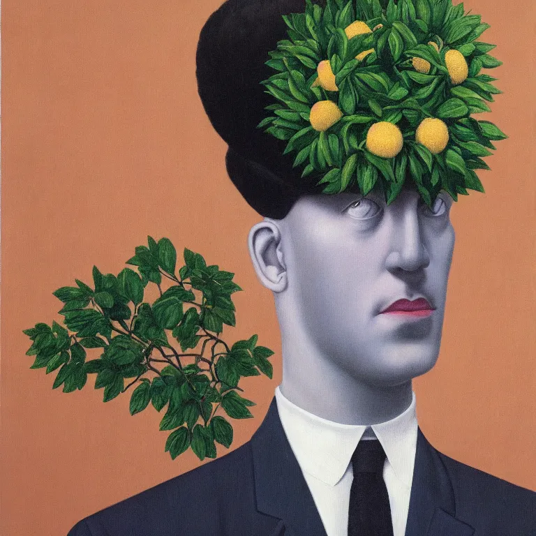 Image similar to portrait of man in a suit, his head is flowers, by rene magritte, detailed painting, hd, hq, high resolution, high detail, 4 k, 8 k