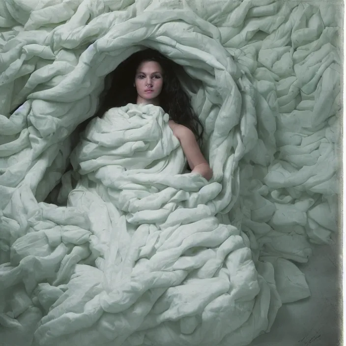 Prompt: a color photograph, closeup portrait of a woman wrapped in foam, sitting in a plastic throne, in cuyahoga valley national park in ohio, color photograph, by vincent desiderio, canon eos c 3 0 0, ƒ 1. 8, 3 5 mm, 8 k, medium - format print