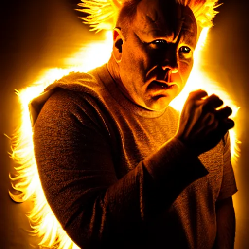 Image similar to uhd candid photo of alex jones as a super sayian, glowing, global illumination, studio lighting, radiant light, detailed, intricate costume. photo by annie leibowitz