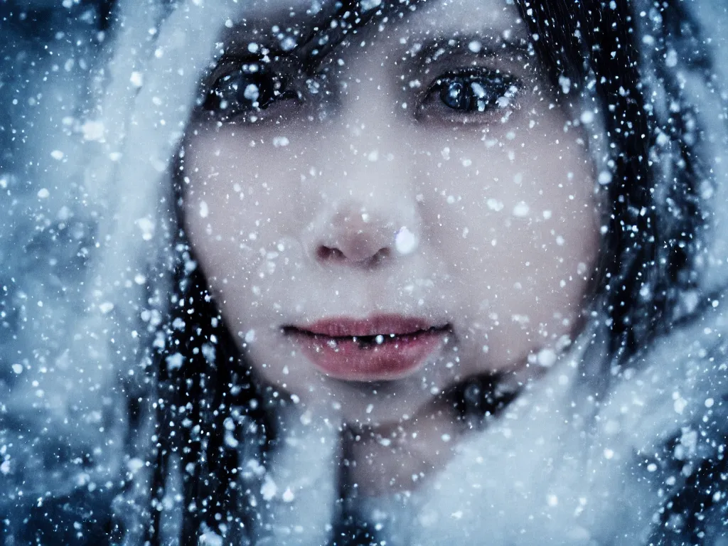Prompt: the piercing blue eyed stare of yuki onna, snowstorm, blizzard, mountain snow, canon eos r 6, bokeh, outline glow, asymmetric unnatural beauty, gentle smile, running dripping black mascara crying, blue skin, centered, rule of thirds