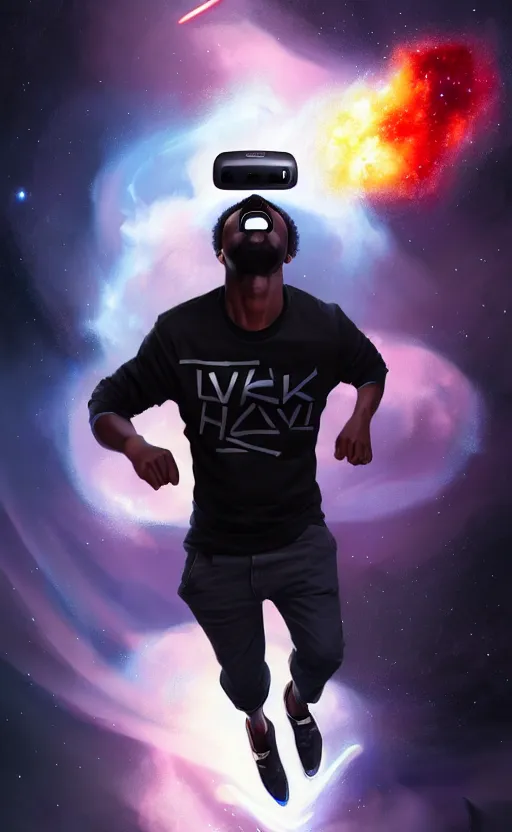 Image similar to handsome black genius hacking the metaverse, vr headset, white t - shirt and jordans, flying through spacetime, exploding nebulae, highly detailed, digital painting, artstation, concept art, smooth, sharp focus, illustration, art by wlop, mars ravelo and greg rutkowski