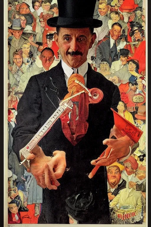 Prompt: magician pepo capel portrait by norman rockwell, 1900s magiacian poster style