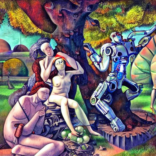 Prompt: hyperdetailed cyborgs under a big tree, eating interesting elaborate fruits. in the style of Caravaggio and Paul Gauguin, with liberty cyberpunk and flemish baroque mixed media elements. natural pastel tones. matte background HD 8x