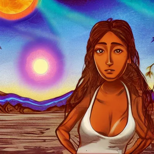 Image similar to illustration of a short but curvaceous El Salvadorian woman names Sarah with long brown hair and brown eyes. Her face had complex deep intriguing shamanic patterns within it. She stands in front of a solar Punk post apocalyptic scene