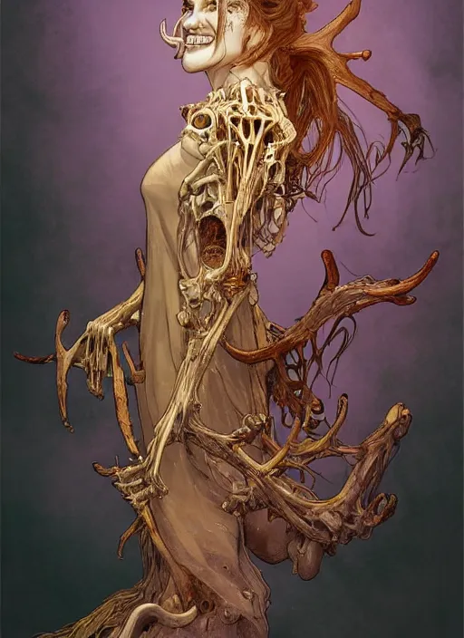 Image similar to portrait of a joyful ghost girl, golden robe, fangs , decaying bones, biomechanical, exposed bones, antlers, concept art, artstation, 4k, detailed, dramatic lighting, afternoon sun, purple liquid, alphonse mucha, syd mead, moebius, mohrbacher, tarot card, digital painting, artgerm, Hiroshi Yoshida