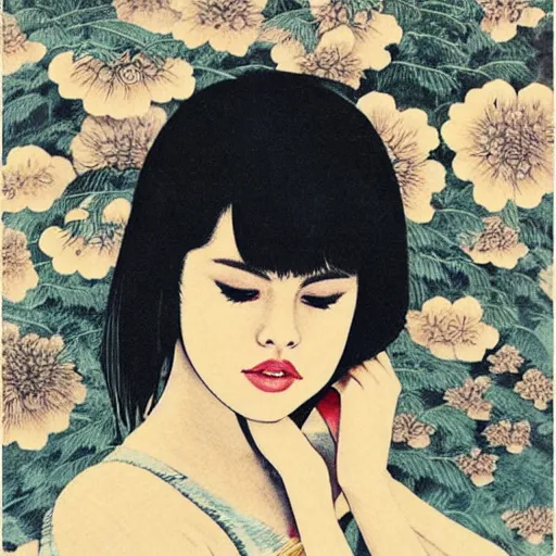 Prompt: “ selena gomez portrait by ikenaga yasunari and ayana otake and ko rakusui, 6 0 s poster, drawing, realistic, sharp focus, japanese, dreamy, nostalgia, faded, golden hues, floral clothes ”