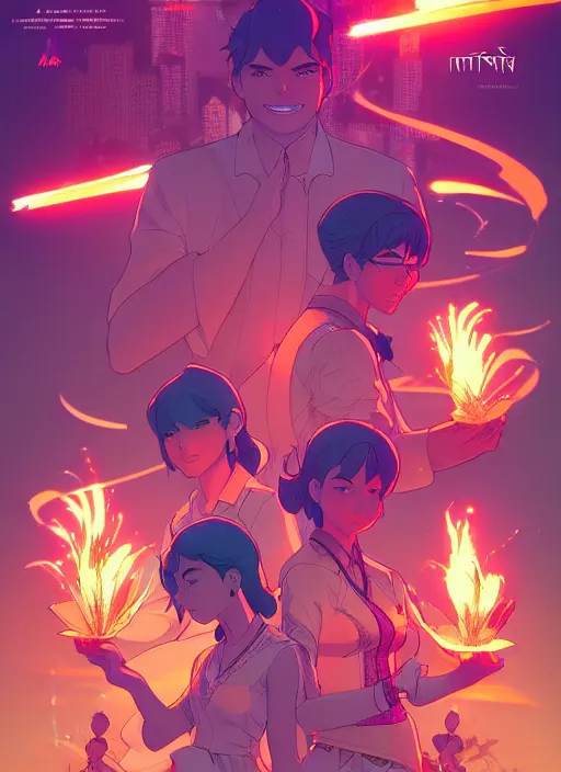 Prompt: a comic book poster of divali celebrations by moebius and makoto shinkai and rossdraws, featured on artstation, pixiv, volumetric lighting, 8 k, highly detailed render, soft glow, crisp lines, f 1 1, sharp focus,
