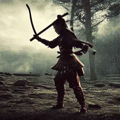 Image similar to a 75mm shot from a samurai girl in the battleground waiting for the enemies ,volumetric lights, dark, cinematographic, from a marvel movie, octane render , 4k , high resolution, ultra realistic, epic