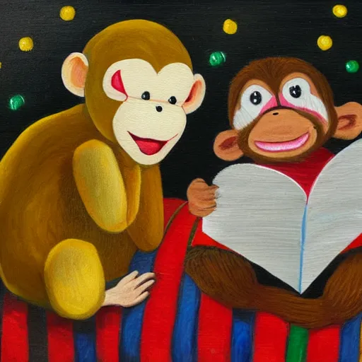 Prompt: a banana wearing a Christmas sweater reading a bedtime story to a monkey, oil painting, realistic