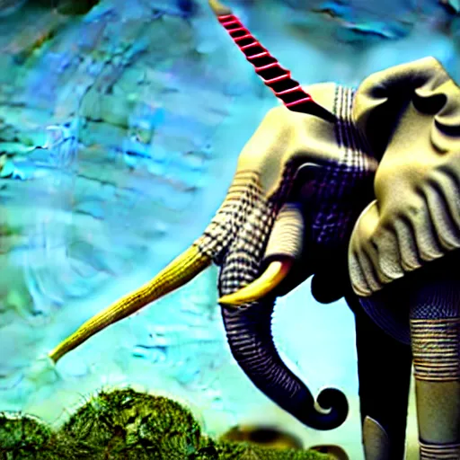 Prompt: elephant with a spiralling horn in its head like a unicorn, ultra realistic, 8 k.