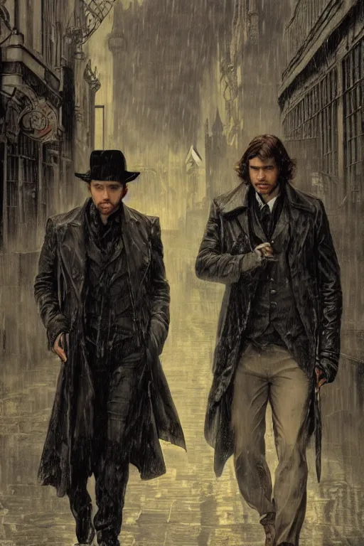 Prompt: a detailed matte portrait of jensen ackles and jared padalecki in a supernatural sherlock holmes story, 1 8 th century london in the rain, city streets, ominous, masterpiece, 8 k, art by alphonse mucha and greg rutkowski