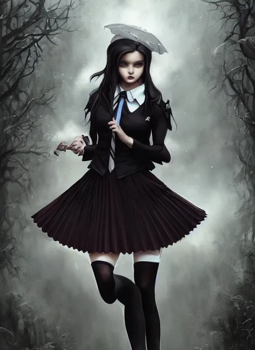 Prompt: a beautiful woman with school uniform gothic, seifuku, pleated miniskirt, overknee socks, adriana lima, painted by artgerm and tom bagshaw, fantasy art, dramatic lighting, highly detailed oil painting, volumetric lighting