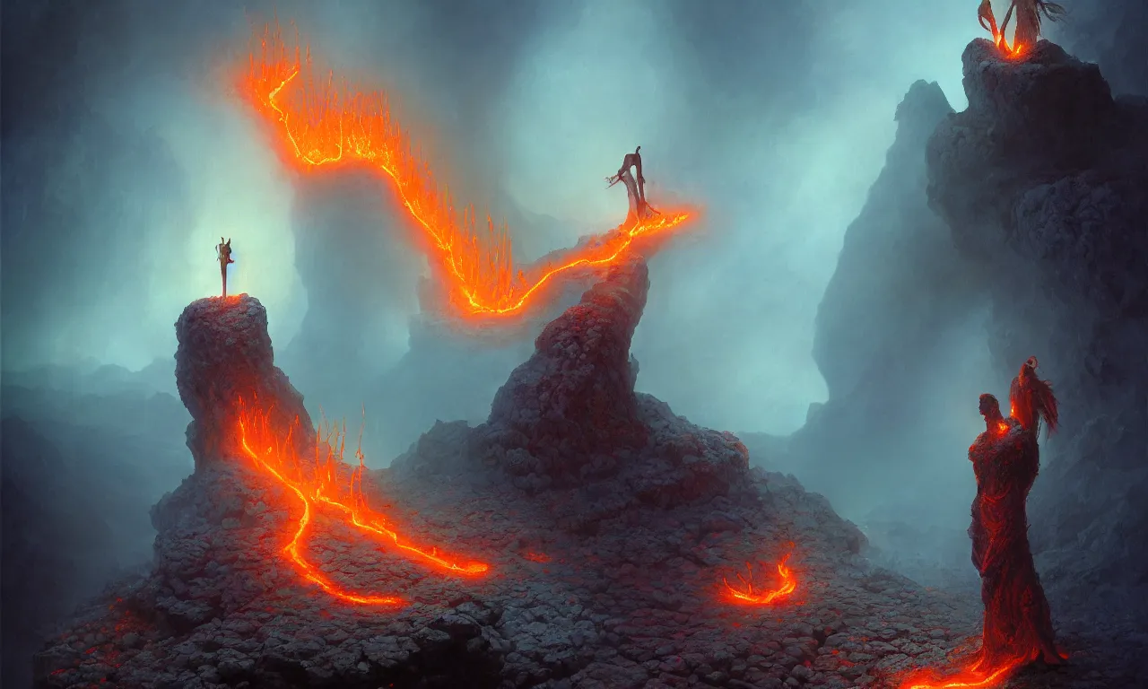 Image similar to The wandering lava mage standing on the misty edge of a fiery caldera by Bastien L. Deharme and Gerald Brom and Mark Arian and Hubert de Lartigue, smooth round rocks, blue flames, low light, glowing orange and purple crystals, green vines, misty, smoky, tonalism, sfumato