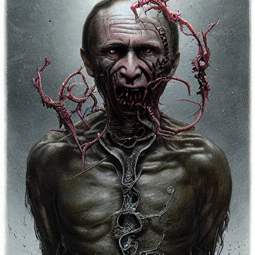 Image similar to rotten worm with face of vladimir putin face made of worms demonic horror, dark fantasy, intricate, highly detailed, smooth, artstation, painted by wayne barlowe, greg rutkowski, zdislav beksinski, francis bacon