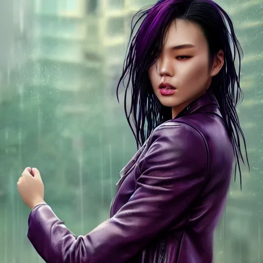 Image similar to photo of a gorgeous wet asian female with long dark purple hair in the style of stefan kostic, realistic, cyberpunk, leather jacket, aviators, mask, nighttime, rain storm, body shot, sharp focus, 8 k high definition, insanely detailed, intricate, elegant, art by stanley lau and artgerm, floating embers