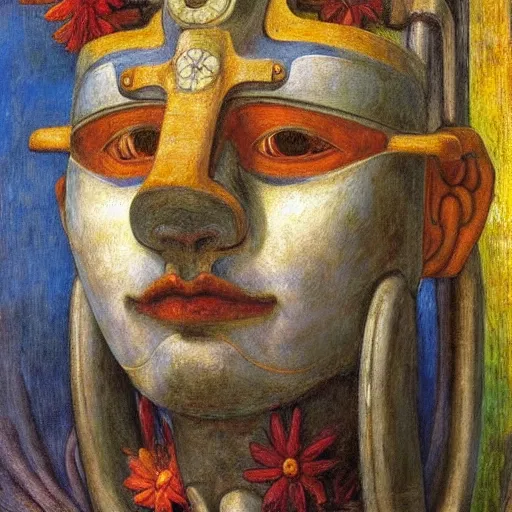 Image similar to masterpiece painting of the head of the robot flower king, by annie swynnerton and diego rivera and jean delville and tino rodriguez, flower mask, symbolist, dramatic lighting, god rays, elaborate geometric ornament, art brut, soft cool colors, smooth, sharp focus, extremely detailed, adolf wolfli