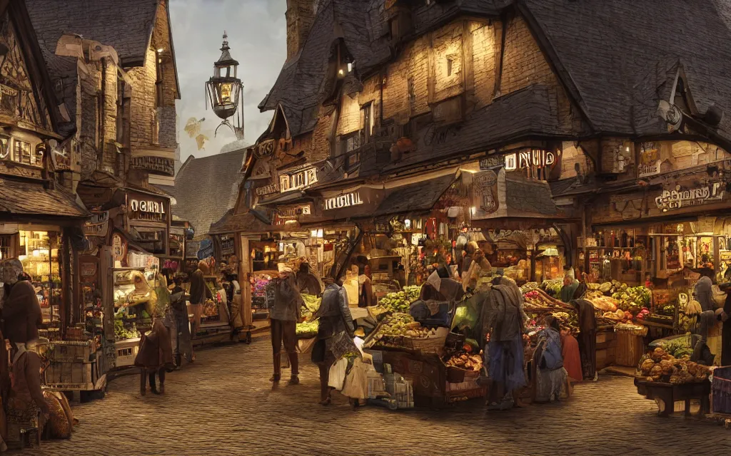 Image similar to at the market of a medeveil english town highly detailed, cinematic lighting, render, fantasy