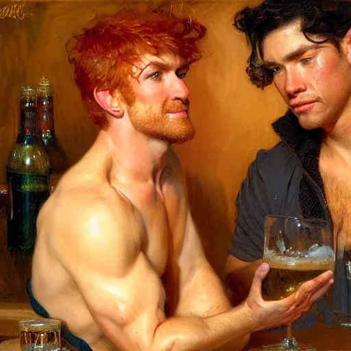 Image similar to handsome mike, wearing pants, with ginger hair with handsome tyler with black hair, drinking their hearts out, in a pub, no shirt. very defined and highly detailed painting by gaston bussiere, j. c. leyendecker, craig mullins 8 k