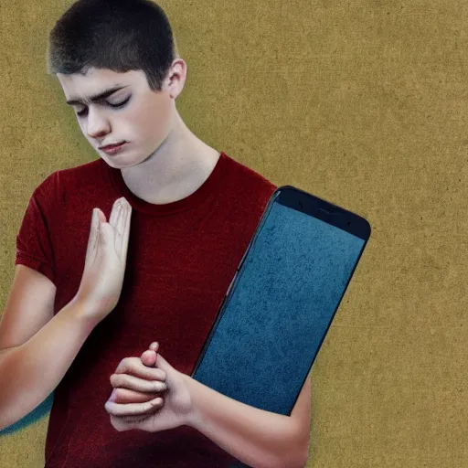 Image similar to a male teenager praying for a divine smartphone in front of him, digital art