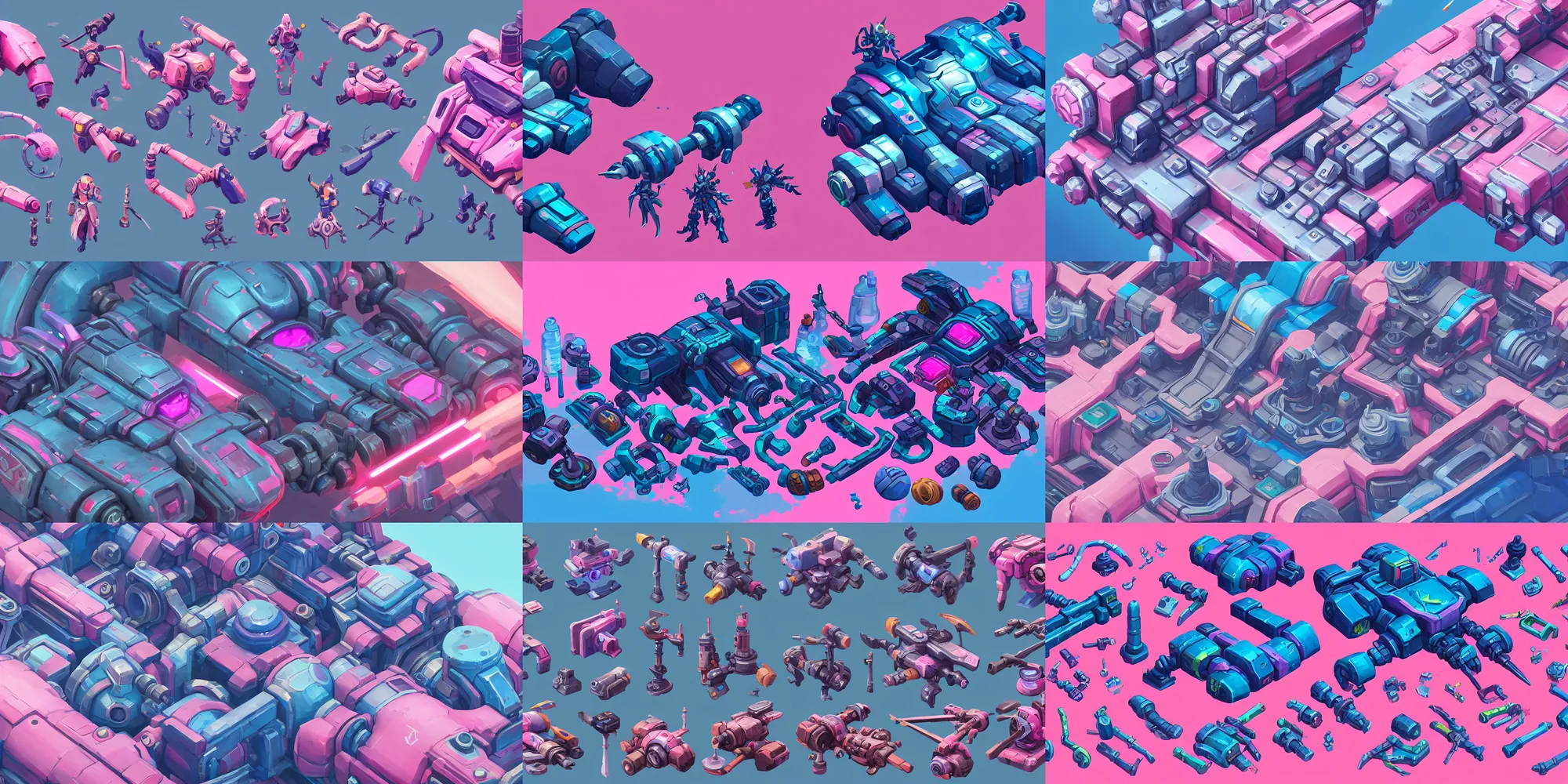 Prompt: game asset of electronic parts and greebles, big medium small, in gouache detailed paintings, props, stylized, 2 d sprites, kitbash, arcane, overwatch, blue and pink color scheme, 8 k, close up