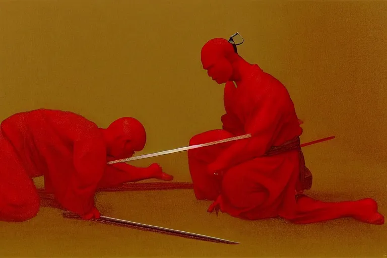 Image similar to only with red, a red samurai do seppuku, tokio, a lot of frogs watch, in the style of beksinski, parts by edward hopper, parts by rodcenko, parts by yue minjun, intricate and epic composition, red by caravaggio, insanely quality, highly detailed, masterpiece, red light, artstation, 4 k