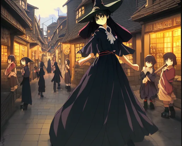 Prompt: key anime visual portrait of a young female witch walking through a busy village, dynamic pose, dynamic perspective, cinematic, dramatic lighting, muted colors, detailed silhouette, textured, finely detailed eyes, anime proportions, kentaro miura, anmi