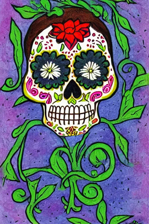 Prompt: Illustration of a sugar skull day of the dead girl, art by henry moret