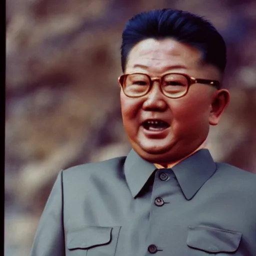 Image similar to filmstill of Kim Jong-il wearing a head bandana and aiming a bow in the role of Rambo, cinemascope, Eastman Color Negative 50T 5251 Neg. Film