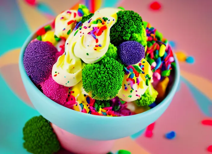 Image similar to food photo still of soft serve swirled frozen yogurt topped with broccoli and rainbow sprinkles, 8 5 mm f 1. 8 studio lighting